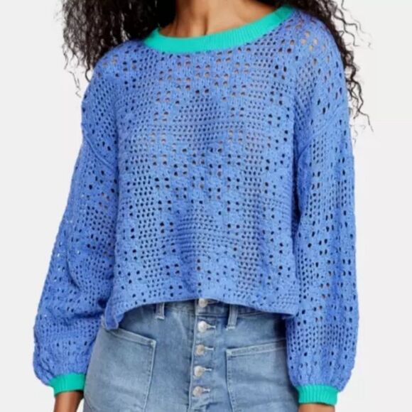 Free People Sweaters - Free People Blue & Green Crochet Sweater, Size L